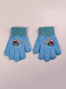 1 双儿童可爱卡车设计保暖内衬针织冬季保暖手套，适合幼儿