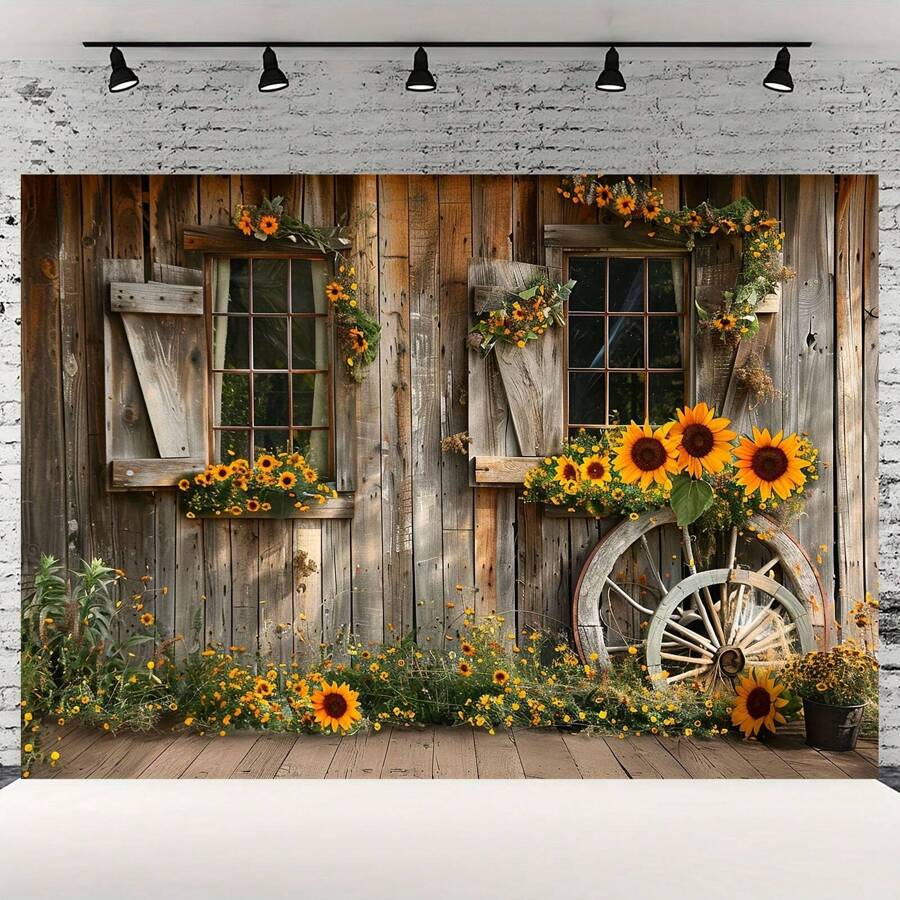 1 pieza Fondo de fotografía con girasoles de primavera, escena de jardín en el alféizar de la ventana, fondo de paisaje disperso, pancarta de fiesta de cumpleaños dulce, fondo de estudio, suministros de decoración para fiestas, suministros de decoración para el hogar, suministros de decoración navideña - Multicolor - Ver 1