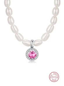 1 件优雅奢华 925 纯银养殖珍珠圆形吊坠项链，适合女性日常佩戴、正式场合、万圣节礼物 - 粉色 - 查看 2