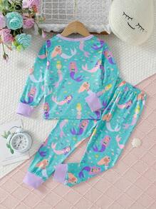 Ensemble de tenue de sirène pour filles printemps/automne (la taille est petite, il est recommandé de commander une taille au-dessus) - Bleu azur - Voir 3