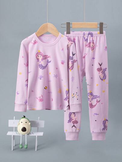Young Girls Mermaid Print Long Sleeve Shirt And Pants Pajama Set, Autumn