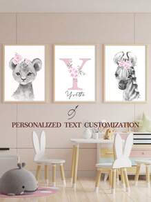 3 tấm áp phích vải canvas không khung màu xanh lam tùy chỉnh tên cá nhân hóa hình ảnh sư tử ngựa vằn động vật rừng tranh vải canvas hoa nghệ thuật treo tường áp phích Bắc Âu trang trí phòng ngủ trẻ em - Màu xanh Ô liu - Xem 1