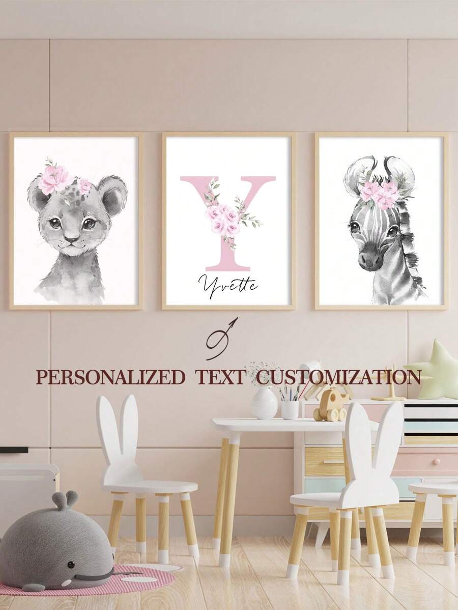 3 tấm áp phích vải canvas không khung màu xanh lam tùy chỉnh tên cá nhân hóa hình ảnh sư tử ngựa vằn động vật rừng tranh vải canvas hoa nghệ thuật treo tường áp phích Bắc Âu trang trí phòng ngủ trẻ em - Màu xanh Ô liu - Xem 1