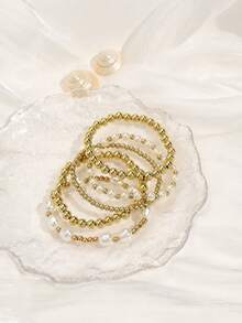 5 piezas/Set de pulseras con cuentas de perla de moda para mujeres - Amarillo Oro - Ver 2