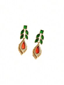 DAISUCAL 1 对复古 18K 镀金叶形吊坠耳环，优雅珠宝，适合女士派对佩戴 - Earrings - 查看 5