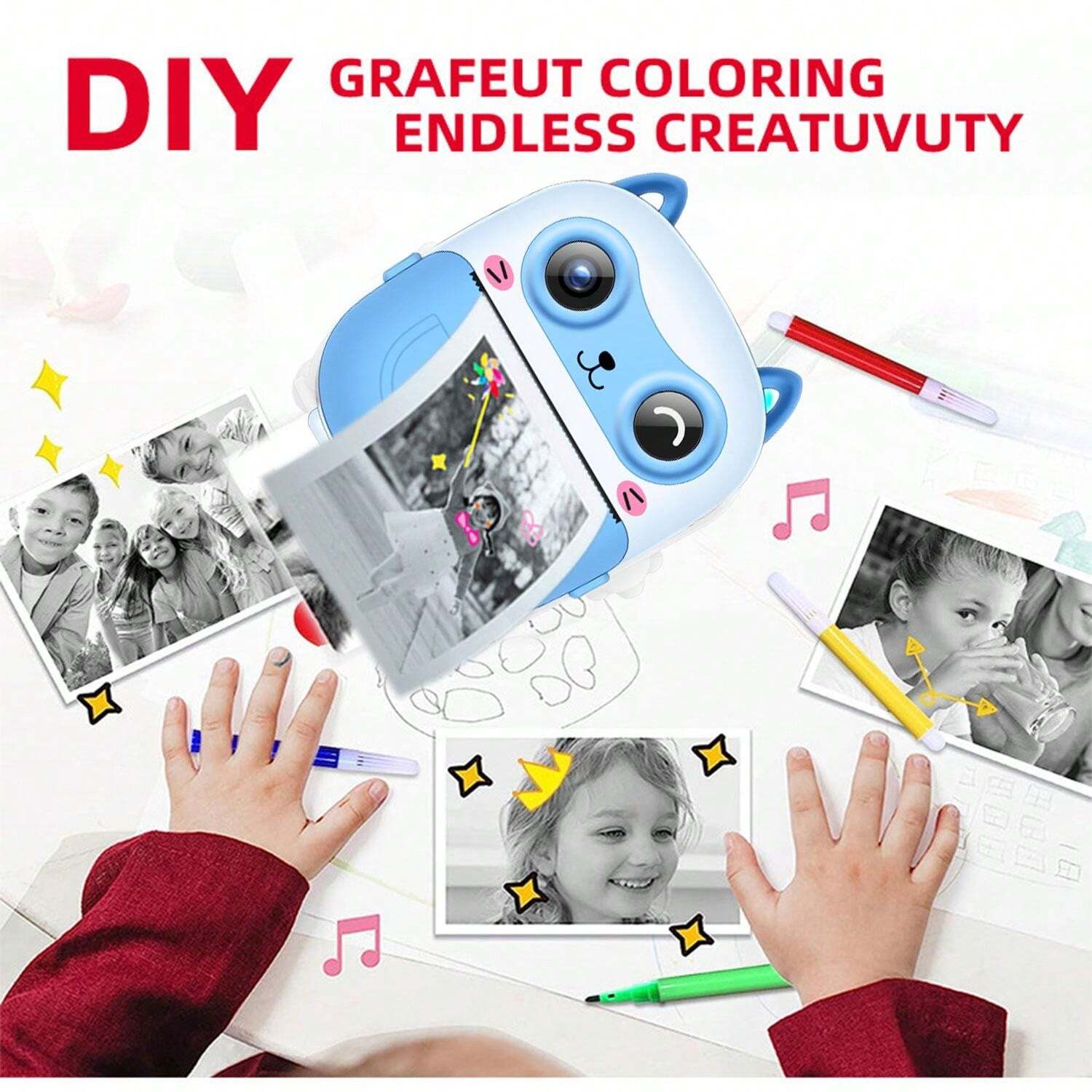 Appareil Photo Instantané Pour Enfants 3-10 Ans - Impression Thermique Noir Et Blanc - Vidéo 1080P, 20MP - Carte 32GB + 3 Rouleaux Papier
