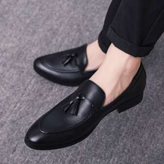 Men's Tasseled Slip-On Leather Loafers, Black Soft Casual Office Daily Business Formal Lightweight Dress Shoes