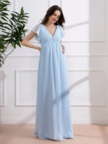 Elegant V-Neck Ruffled Sleeve Maternity Dress - Baby Blue - View 4