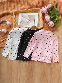 Young Girl Crew Neck Thermal Undershirt, Long Sleeve Heart Print, Brushed, Autumn/Winter - Multicolor - View 2