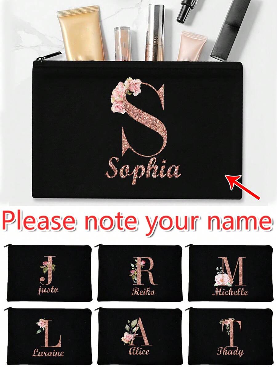 1pc Customized Cosmetic Bag Personal Tailor Lady Makeup Bags Wallet Rose Gold Initials A To Z Custom Name Pattern Toiletry Organizer Pouch Personalized Wedding Party Wash Bag Zipper Phone Purse Pencil Pouch Make Up Bags Valentine's Day Gifts Clutch Bag Bridesmaid Make Up Pouch Toiletries Organizer Bag Cosmetic Case Letter, Floral Multifunction, Lightweight, Functional, Foldable, Practical Fashion, Contracted, Minimalist, Unisex, Cute, Adorable Custom, Unique, Customized Finds, Winter Fashion, Christmas/Holiday Gift, Travel Bag, Personalized Gifts For Women, Cosmetic Bag/Makeup Bag Ideal Gifts For Her Family, Friends, Girlfriend For Anniversaries, For Birthdays, For Christmas, For Winter, For Fall/Autumn, For Holiday/ Vacation, For Outdoors/Outings/Travel/Hiking/Stadium/Sports/Climbing,Customized Toiletry Bags,SummerHoliday