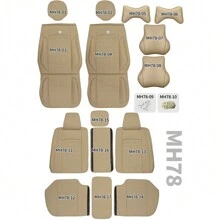 muchkey 5-Seat Car Seat Covers With Headrest And Pillow, Full Set Car Seat Protector, PU Leather & Breathable, Front And Rear Seat Cushions, Universal Fit For MPV, SUV, Truck, Automotive And Most Cars, Car Accessories Cars All Seasons MH78 - 米色 - 查看 6