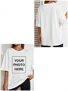个性化图案定制宽松女式T恤，圣诞节个性化照片定制，可将您的朋友/家人/情侣/风景/宠物照片、生日/周年纪念日/情人节/礼物图案印在衣服正面。舒适宽松圆领短袖女式T恤，秋季服装，万圣节/返校季/圣诞节假期定制，派对礼物。休闲白色夏季 - 白色 - 查看 3