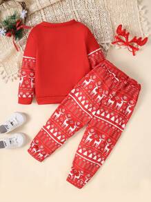 2pcs/Set Young Boys Christmas Snowflake & Reindeer Print Long Sleeve Sweatshirt + Cartoon Reindeer Print Straight Pants, Fall/Winter