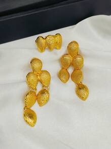 4 件套女士时尚首饰套装，包括项链、耳环、手链和戒指 - 适合欧洲、非洲、迪拜婚礼、派对、生日、节日和日常佩戴 - 金黃色 - 查看 3