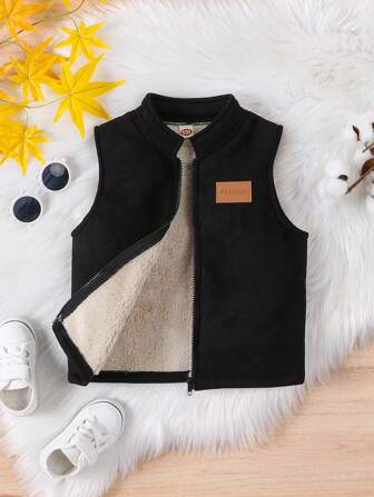 Young Boy Winter Fashionable Casual Plush-Lined Zip-Up Vest With Leather Patch Decoration, Thick Stand Collar