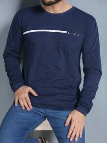 Men's Long Sleeve T-Shirt Basic Blouse Without Hood LIFE Print - Màu xanh hải quân - Xem 1
