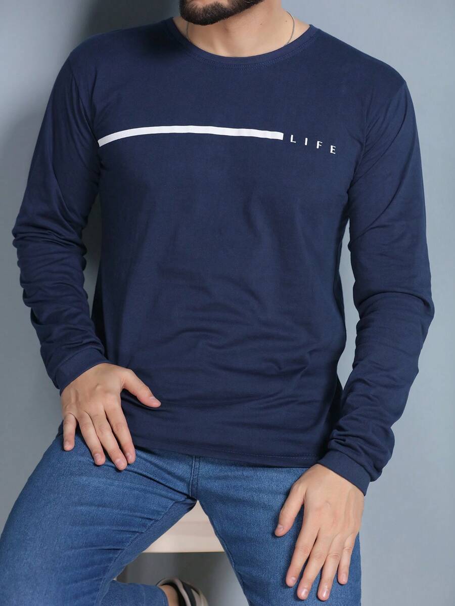 Men's Long Sleeve T-Shirt Basic Blouse Without Hood LIFE Print - Màu xanh hải quân - Xem 1