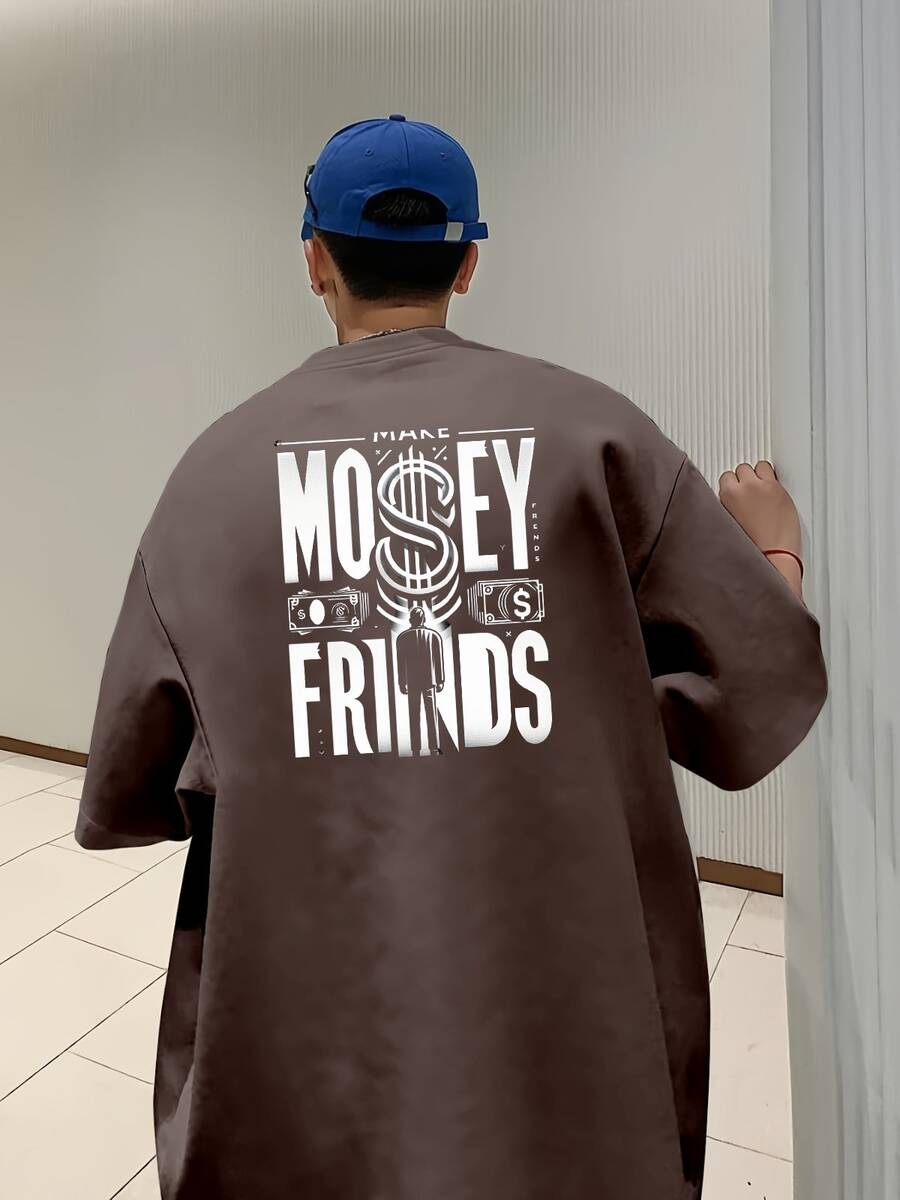 Men's Oversize T-Shirt Phrase Money Streetwear T-Shirt Oversized Premium 100% Cotton Shirt - 鏽棕色 - 查看 1