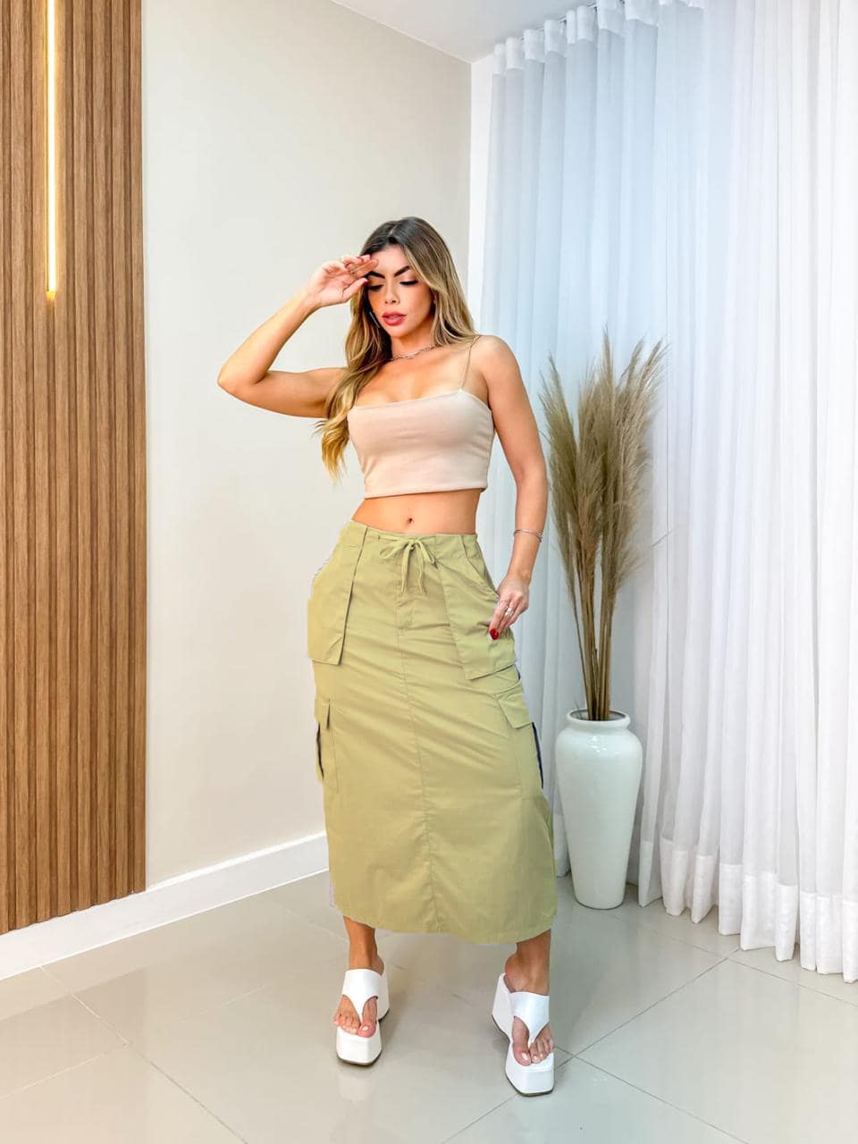 Women's Cargo Skirt With Multiple Pockets/Tactel Fabric/Women's Fashion Y7096 - Màu vàng - Xem 1