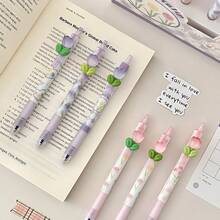 1 Peça / 6 Peças, Canetas Neutras de Pressão, Canetas com Design de Adesivo Fofo de Tulipa em Desenho Animado, Canetas Assinatura Altamente Atrativas, Adequado para Uso Estudantil e de Escritório