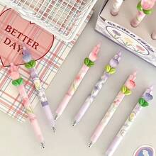 1 Peça / 6 Peças, Canetas Neutras de Pressão, Canetas com Design de Adesivo Fofo de Tulipa em Desenho Animado, Canetas Assinatura Altamente Atrativas, Adequado para Uso Estudantil e de Escritório