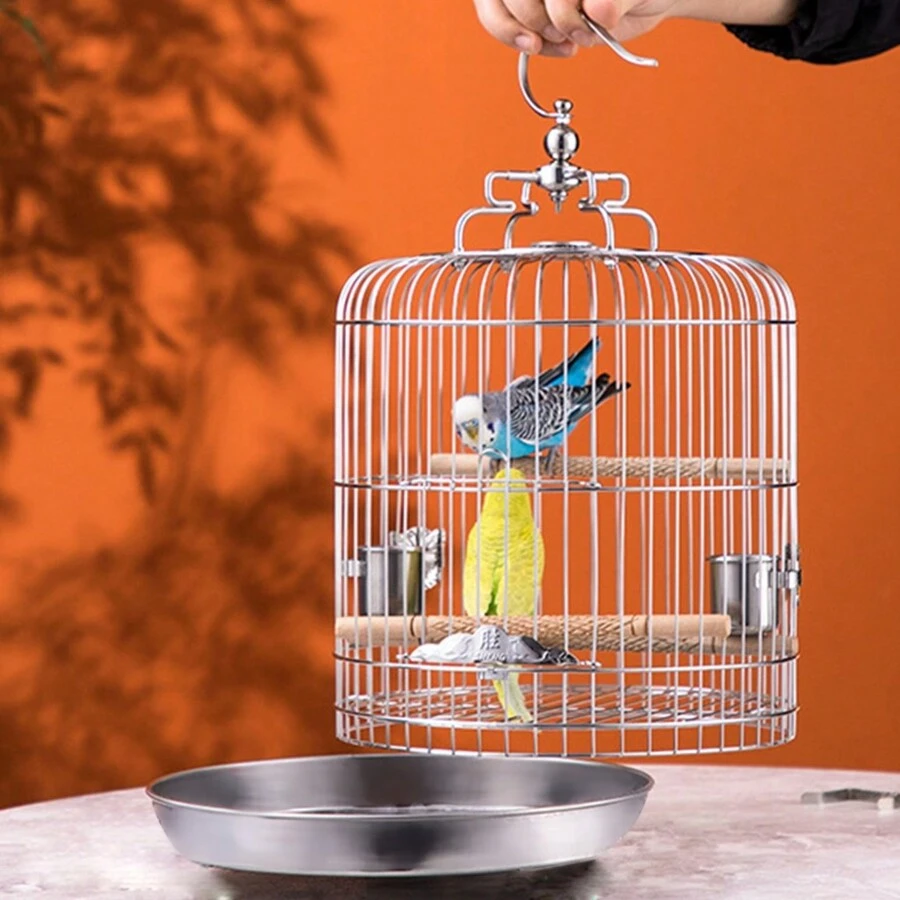 5 Inch Stainless Steel Bird Travel Cage With Stand And Food Bowls For Parrots - Silver - View 1