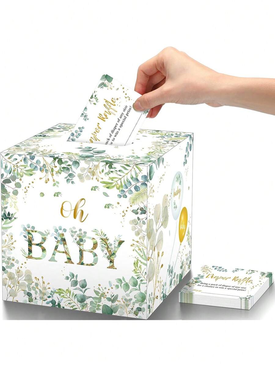 50 Pieces Greenery Diaper Raffle Tickets With 1 Baby Shower Holder Box Baby Party Decorations Favors Sign Box Insert Ticket Diaper Raffle Game Kit ,Baby Shower Holder Box For Girl Boy Diaper Raffle Party - Green - View 1