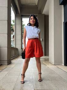 Plain Marrant Fabric Shorts - Orange - View 5
