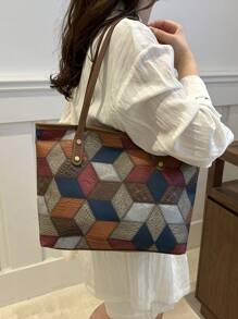 Women's Fashion Commuter PU Tote Bag, High-End Colorblock Texture Versatile Handbag, Minimalist Portable Shoulder Bag For Office Lady, Commuting, Dating, Outing, Shopping, Vacation, With Detachable Inner Pouch - Multicolor - View 3