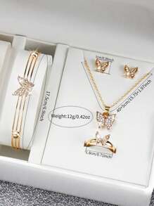 6 件/套女士塑料网状表带心形数字表盘石英表 + 蝴蝶水钻首饰套装（不含表盒）