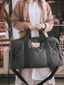 1 件装婴儿黑熊图案旅行尿布包，大容量孕妇医院包，适合所有季节的斜挎包 - 黑色 - 查看 1