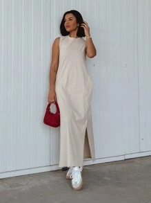 Long Cotton Dress With Pocket - Albaricoque - Ver 3