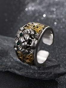 1pc Men Vintage Brass/Golden Two-Tone Electroplated Adjustable Tiger Signet Ring, Retro Style - Antique Silver - View 2