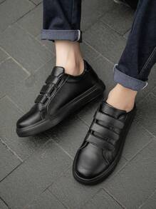 (1 Size Smaller) Men's Minimalist Solid Color Versatile Hook And Loop Flat Shoes, Comfortable Fashion Couple Black Casual Sneakers - Black - View 2