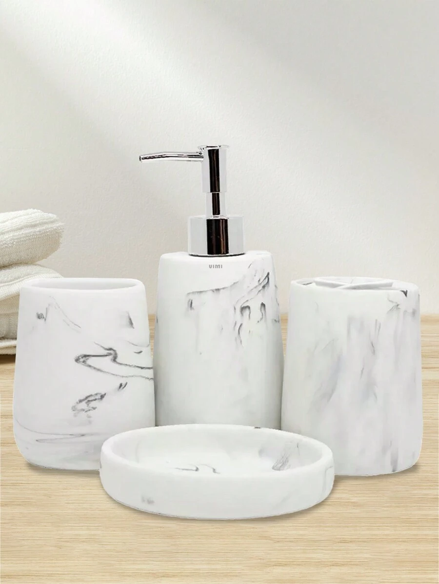 Set De 4pz Accesorios De Cerámica Para Baño Jabonera Dispensador Porta Cepillo Vaso