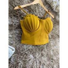 Cropped Top Thin Chain Strap Blouse With Mermaid Cup Fashion Blogger Retro Summer Beach Party Neopreme Suplex Strap - 芥末黃 - 查看 2