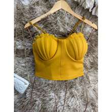 Cropped Top Thin Chain Strap Blouse With Mermaid Cup Fashion Blogger Retro Summer Beach Party Neopreme Suplex Strap - 芥末黃 - 查看 1