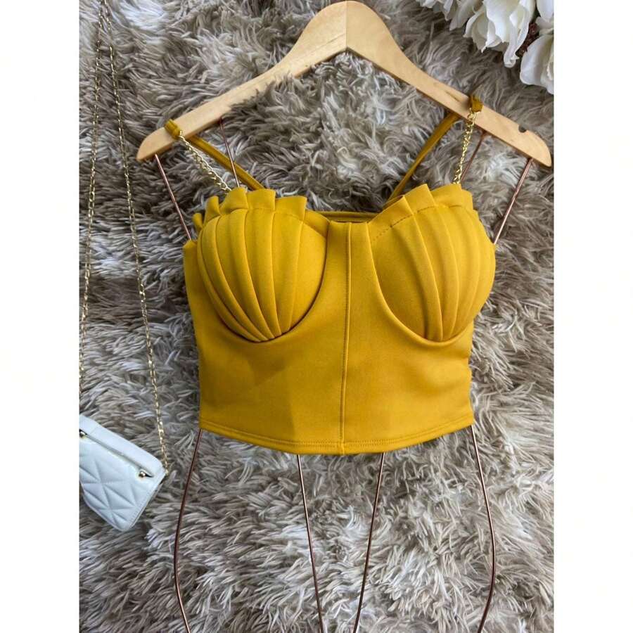 Cropped Top Thin Chain Strap Blouse With Mermaid Cup Fashion Blogger Retro Summer Beach Party Neopreme Suplex Strap - 芥末黃 - 查看 1