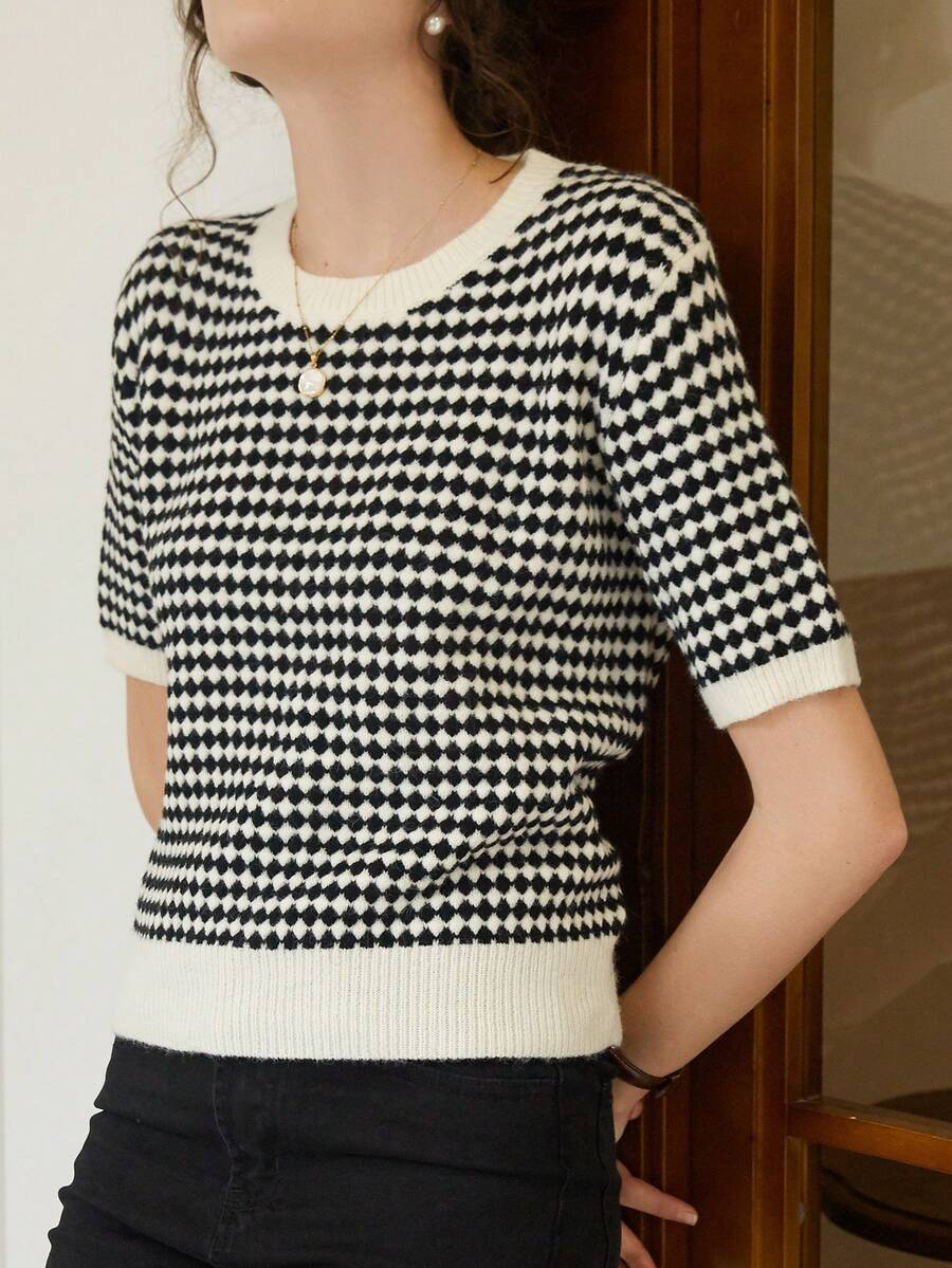 Knit Mix 優雅女款春夏時尚休閒居家基礎修身針織菱格條紋圓領短袖連帽T恤上衣