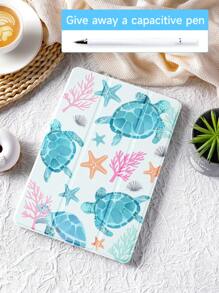 Apple 1pc Green Sea Turtle, Ocean Element Patterned Tablet Protective Case, Anti-Drop, With Pen Slot, Support Sleep/Wake, Compatible With Samsung, And IPad