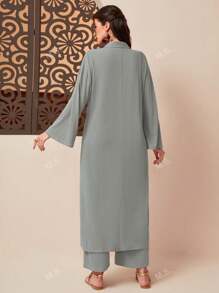 Solid Zip-Up Jacket & Wide-Leg Pants Set - Casual Collared Long Sleeve Solid Color With Slight Stretch
