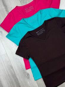 Kit 3 V-Neck T-Shirt Basic Plain Women's Blouse 100% Cotton - Multicolor - View 2