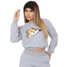 Women's Set Cropped Sweatshirt Long Sleeve Printed Kit - 灰色 - 查看 1