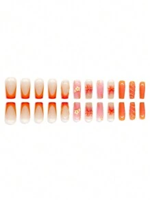 24 件方形按压式指甲，橙色边缘，3D 花卉图案，配有果冻凝胶和缓冲块，适合所有女性，提升日常造型 美甲用品 美甲 - 橘色 - 查看 3