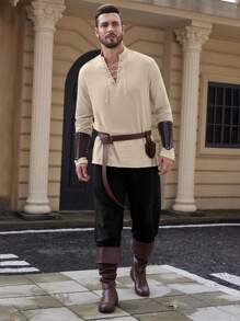 Camisa de manga larga de estilo medieval con cordones de unicolor para hombres - Caqui - Ver 8