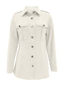 Women Solid Color Corduroy Flap Pocket Shirt - Apricot - View 4