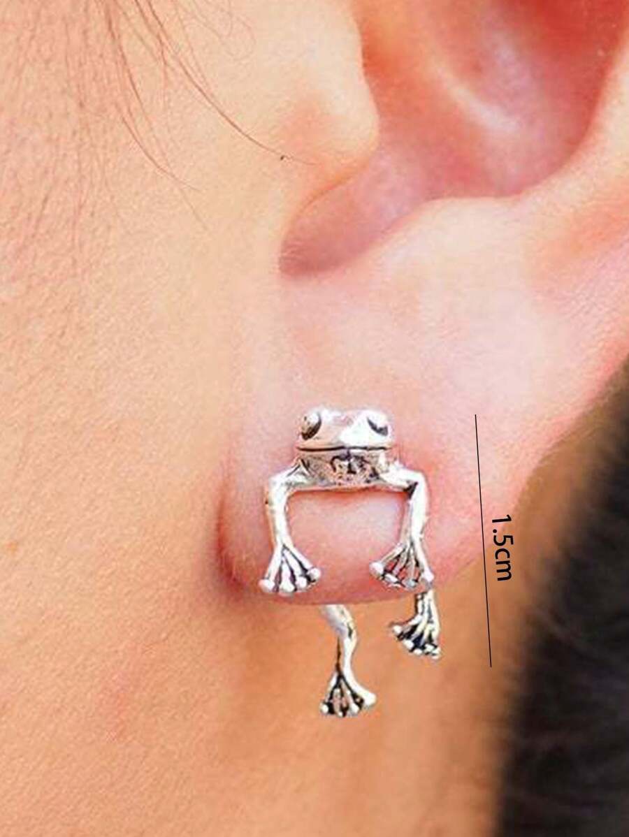 1 对复古青蛙设计耳环，女士派对/日常时尚配饰 - 復古銀色 - 查看 1