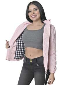Chamarra Chaqueta Corta Ligera Térmica De Temporada  Para Dama-Chaqueta Bomber Paravientos Casual para Mujer - Con Forro a Cuadros y Cordón Ajustable - Varios Diseños - Lotus - Ver 2