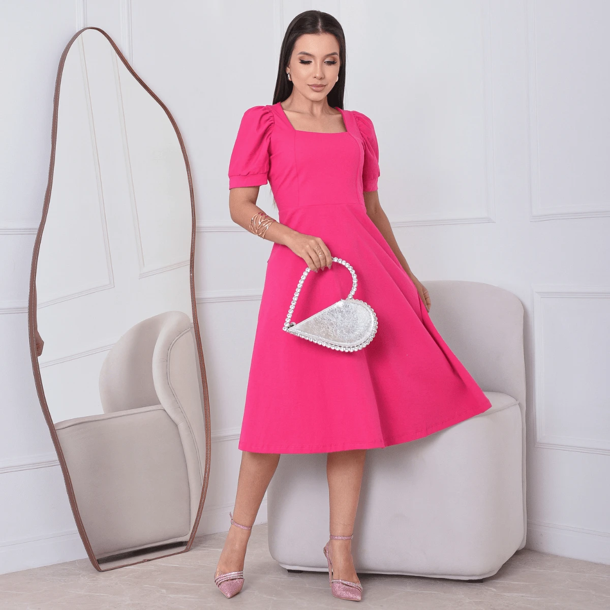 Milimetrica Elegant Loose Pregnancy Women's Midi Dress With Evangelical Princess Sleeves Congregate - 粉色 - 查看 1