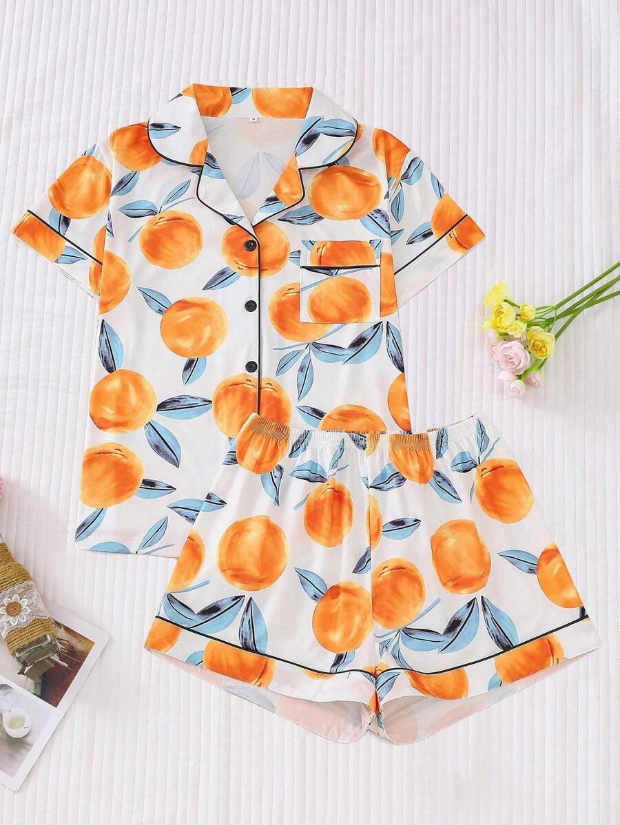 2pcs Fruit Peach Print Lounge Wear Set For Women, Comfortable Collared Short Sleeve Top And Loose Shorts, Beautiful Stylish Sleepwear And Homewear For Spring & Summer, Holidays, Parties, Casual All Season Outdoor And Indoor - Orange - View 1